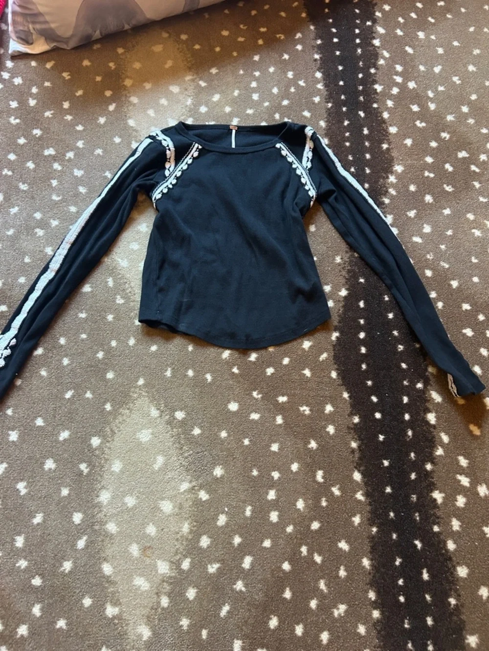 Free People Black Long Sleeve Top with White Embroidery